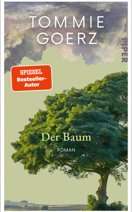 Der Baum Das Buchcover zeigt einen großformatigen, üppig grünen Baum im Vordergrund vor einem hellolivgrünen Hintergrund, darüber dramatische grauviolette Wolken. Oben zentriert steht der Autorenname TOMMIE GOERZ in großen weißen Großbuchstaben; mittig unten der Titel „Der Baum“ in serifenbetonter, heller Schrift, darunter klein „ROMAN“. Links oben ein orangeroter Auszeichnungsbutton mit weißer Aufschrift „SPIEGEL Bestseller-Autor“. Stimmung: ruhig, leicht dramatisch.