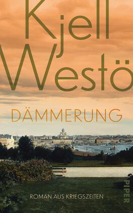 Dämmerung Das Buchcover zeigt eine malerische Stadtansicht mit einem sanften, orangefarbenen Himmel, der eine Dämmerstimmung vermittelt. Im Vordergrund sind grüne Wiesen und Bäume sichtbar, während im Hintergrund eine historische Stadt mit charakteristischen Gebäuden am Wasser zu sehen ist. Der Titel „Dämmerung“ ist in großen, klaren, orangefarbenen Buchstaben geschrieben, darüber steht der Autorenname „Kjell Westö“ in eleganter, grüner Typografie. Unter dem Titel befindet sich der Untertitel „Roman aus Kriegszeiten“ in kleinerer Schrift.
