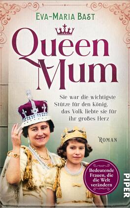 Queen Mum Das Buchcover zeigt eine historische Abbildung zweier Frauen in königlicher Kleidung. Die Frau links trägt eine prächtige Krone und lächelt freundlich, während die jüngere Frau rechts mit einer goldenen Krone abgebildet ist. Der Titel „Queen Mum“ ist in großen, eleganten burgunderroten Buchstaben oben platziert, während der Untertitel in kleinerer Schrift darunter steht. Die Farbpalette ist warm und nostalgisch, mit einem sanften Hintergrund, der einen klassischen und einladenden Eindruck vermittelt.