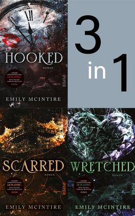 Bundle: Never After 1-3 Das Buchcover zeigt eine Collage aus drei Buchcovern der Romane „Hooked“, „Scarred“ und „Wretched“ von Emily McIntire. „Hooked“ ist in tiefen Rot- und Schwarztönen gehalten, mit einer Uhr und blutigen Akzenten. „Scarred“ strahlt in leuchtenden Gelbtönen mit dynamischen, abstrakten Formen. „Wretched“ zeigt eine grüne, herzförmige Figur auf dunklem Hintergrund. In der oberen Ecke befindet sich die große Zahl „3 in 1“ in einem modernen, weißen Schriftstil.