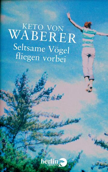 Das Buchcover zeigt einen Jungen, der fröhlich in die Luft springt, vor einem strahlend blauen Himmel. Im Hintergrund sind verschwommene, grüne Baumkronen sichtbar, die eine harmonische natürliche Atmosphäre schaffen. Der Titel „Seltsame Vögel fliegen vorbei“ ist in eleganter, weißer Schrift unter dem Namen des Autors „Keto von Waberer“ platziert, der in größeren Buchstaben darüber steht. Die Schriftart wirkt modern und einladend.