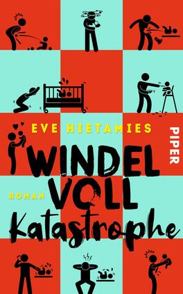 Windelvollkatastrophe Das Buchcover zeigt ein buntes Design mit roten und blauen Farbflächen. Zentrale grafische Elemente sind stilisierte, schwarz umrandete Illustrationen, die verschiedene Situationen mit Babys zeigen. Der Titel „WINDEL VOLLE KATASTROPHE“ ist in großen, auffälligen Buchstaben in Schwarz und Gelb gehalten. Darunter steht „Roman“ in kleinerer Schrift. Oben links ist der Name der Autorin, „Eve Hietamies“, in Weiß unterlegt. Das Cover vermittelt eine humorvolle und chaotische Atmosphäre.