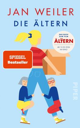 Die Ältern Das Buchcover zeigt eine illustrative Darstellung mit hellblauem Hintergrund. Im Vordergrund steht eine blonde Figur mit langen Haaren, die eine Kiste hält. Links und rechts von ihr knien zwei jüngere Personen, eine in blauer und eine in roter Kleidung, die ihre Arme an die Figur legen. Der Titel „DIE ÄLTERN“ steht in großen, roten Buchstaben, während der Autor „JAN WEILER“ in blau über dem Titel platziert ist. Ein rotes Banner mit dem Text „SPIEGEL Bestseller“ ist links oben angebracht.