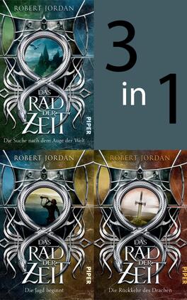 Bundle: Das Rad der Zeit 1 bis 3 Das Buchcover zeigt die Zusammenstellung von drei Bänden der Serie „Das Rad der Zeit“ von Robert Jordan. Oben ist ein kreisförmiges, fantasievolles Design in den Farben Grün, Blau und Rot, das ein mystisches Landschaftsbild zeigt. Darunter sind die Cover der Einzelbände, die jeweils unterschiedliche Szenen in gedämpften Farben präsentieren: eine Figur mit Bogen, eine Landschaft mit Kreuz und ein weiteres Landschaftsbild. Der Titel „Das Rad der Zeit“ ist zentral platziert, während der Untertitel „Die Suche nach dem Auge der Welt“, „Die Jagd beginnt“ und „Die Rückkehr des Drachen“ darunter steht. Der Text „3 in 1“ ist groß und auffällig in der oberen rechten Ecke platziert.