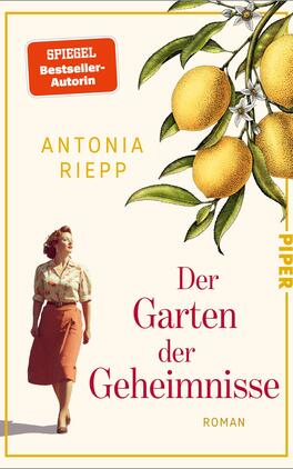 Der Garten der Geheimnisse Das Buchcover zeigt eine stilisierte Darstellung einer Frau in einem hellen, schlichten Kleid mit floralem Muster, die nachdenklich auf die Seite blickt. Im Hintergrund sind große, gelbe Zitronen und grüne Blätter zu sehen, die eine lebendige Atmosphäre schaffen. Der Titel „Der Garten der Geheimnisse“ ist in eleganter, roter Schrift platziert, unterbrochen von dem Wort „Roman“ in kleinerer Schriftgröße. Oben links befindet sich der Hinweis „SPIEGEL Bestseller-Autorin“ und der Verlagsname „PIPER“ ist rechts auf dem Cover in Gelb zu erkennen.