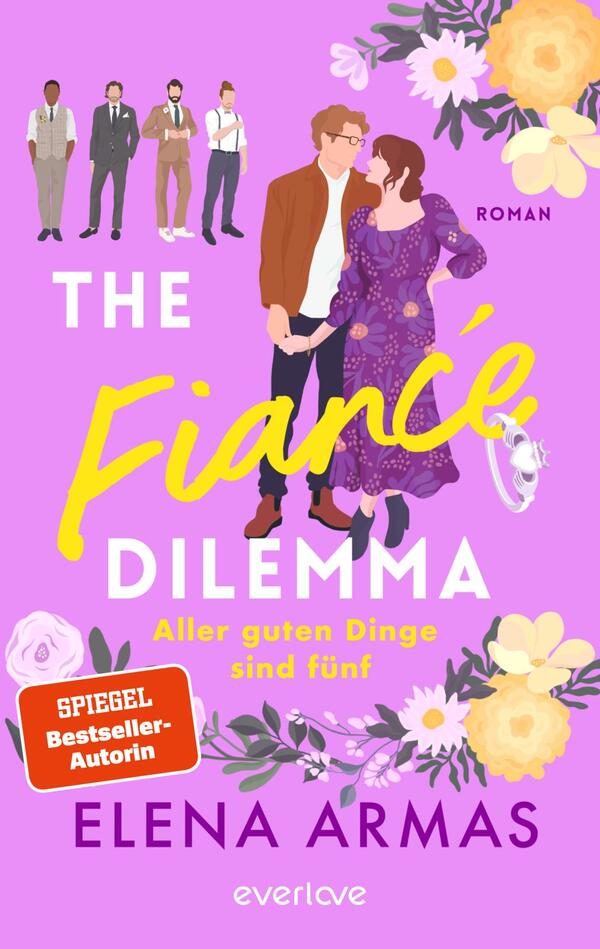 Das Buchcover zeigt einen hellvioletten Hintergrund, auf dem vor einer floral geschmückten Kulisse ein Paar im Vordergrund steht. Die Frau trägt ein lila Kleid und lächelt, während der Mann in einem braunen Anzug daneben steht. Im Hintergrund sind weitere Figuren in modischer Kleidung angeordnet. Der Titel „The Fiancé Dilemma“ wird in großen, gelben Buchstaben hervorgehoben, darunter steht „Roman“. Am unteren Rand ist „Elena Armas“ als Autorin in fetter Schrift zu sehen. Das Cover vermittelt eine fröhliche und romantische Atmosphäre.