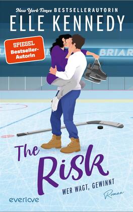 The Risk – Wer wagt, gewinnt Das Buchcover zeigt ein Paar auf einer Eislauffläche, das in einer dynamischen Pose miteinander interagiert. Die Frau trägt einen lila Oberteil und hebt die Arme, während der Mann in einem weißen T-Shirt und blauen Hose auf einem Skate steht. Hintergrund und Boden sind hellblau, was die Kälte des Eises vermittelt. Der Titel „The Risk“ steht in großen, lila Buchstaben mittig, darunter der Untertitel „Wer wagt, gewinnt“ in kleinerer Schrift. Oben befindet sich der Hinweis „New York Times Bestsellerautorin Elle Kennedy“ sowie „Spiegel Bestseller-Autorin“ in einem roten Feld.