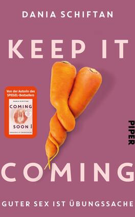 Keep It Coming Das Buchcover zeigt einen violetten Hintergrund mit großen, auffälligen Buchstaben. Der Titel „KEEP IT COMING“ ist in kräftigem Weiß und Schwarz gehalten und zieht sofort die Aufmerksamkeit auf sich. In der Mitte des Covers befindet sich eine markante, orangefarbene Karotte, die dem Titel eine humorvolle Note verleiht. Oben steht der Autorinnennamen „Dania Schiftan“ in kleinerer Schrift, während unten der Zusatz „GUTER SEX IST ÜBUNGSSACHE“ in kleinerer, klarer Schrift erscheint. In der oberen linken Ecke befindet sich ein rotes Kästchen mit dem Hinweis „Von der Autorin des SPIEGEL-Bestsellers“.