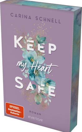 Keep My Heart Safe Das Buchcover zeigt einen leichten lila Hintergrund, der von zarten, grünen und blauen Blumenmotiven geschmückt wird. In der Mitte ist der Titel „KEEP my Heart SAFE“ prominent platziert, wobei „KEEP“ und „SAFE“ in Großbuchstaben und auffälliger Schriftart hervorgehoben sind. Der Schriftzug „my Heart“ ist in einer verspielten, handgeschriebenen Schrift gestaltet. In der unteren linken Ecke befindet sich ein rotes Feld mit dem Schriftzug „SPIEGEL Bestseller-Autorin“. Das Cover vermittelt eine romantische und einladende Atmosphäre.
