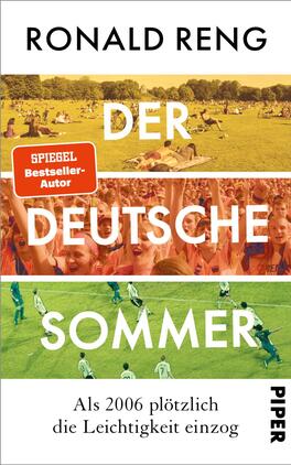 Der deutsche Sommer Das Buchcover zeigt ein lebhaftes Farbenspiel mit Bildern von Menschen, die in einem Park entspannen, an einem Fest teilnehmen und Fußball spielen. Oberhalb in weißer, klarer Typografie steht der Titel „DER DEUTSCHE SOMMER“, unter dem Titel der Zusatz „Als 2006 plötzlich die Leichtigkeit einzog“. Am oberen Rand befindet sich ein rotes Feld mit der Aufschrift „SPIEGEL-Bestseller-Autor“. Der Autor Ronald Reng wird ebenfalls in schwarz oben auf dem Cover genannt.