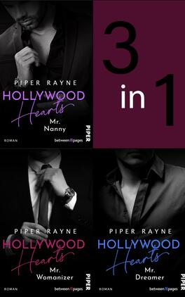 Bundle: Hollywood Hearts 1-3 Das Buchcover zeigt eine collagierte Darstellung von drei männlichen Protagonisten in stilvollem Schwarz-Weiß. Die zentralen Titel „Hollywood Hearts“ und die jeweiligen Untertitel „Mr. Nanny“, „Mr. Womanizer“ und „Mr. Dreamer“ sind in verschiedenen Farben gehalten: Lila, Rot und Blau, was eine dynamische Atmosphäre erzeugt. Oben rechts ist die Zahl „3“ in großen, auffälligen Ziffern sichtbar, gefolgt von „in 1“. Unten links steht der Autorinnenname „Piper Rayne“ in einer eleganten Schriftart.