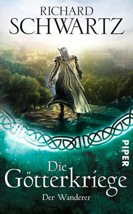Der Wanderer Das Buchcover zeigt einen mystischen Landschaftshorizont mit sanften Hügeln und bewölktem Himmel. Im Vordergrund steht eine Figur mit einer silbernen Robe und einem Schwert, die in Richtung der weiten Landschaft blickt. Die Farbpalette umfasst kühle, grüne und blaue Töne, die eine geheimnisvolle Atmosphäre erzeugen. Der Titel „Die Götterkriege“ und der Untertitel „Der Wanderer“ sind in eleganter, geschwungener Schrift gehalten. Der Name des Autors, „Richard Schwartz“, steht prominent oben auf dem Cover.