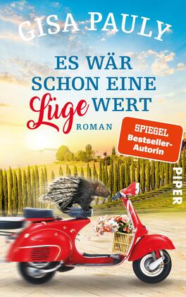 Es wär schon eine Lüge wert Das Buchcover zeigt eine lila bis hellblaue Farbpalette mit einem bunten, fröhlichen Hintergrund. Im Vordergrund steht ein roter Roller, auf dem ein Igel sitzt, umgeben von bunten Blumen. Oben in großen Buchstaben steht der Titel „Es wär schon eine Lüge wert“ in schwarzer und roter Schrift. Der Autorenname „Gisa Pauly“ ist in weißen, geschwungenen Buchstaben platziert. Rechts unten ist ein orangefarbener Aufkleber mit dem Text „SPIEGEL Bestseller-Autorin“ zu sehen.