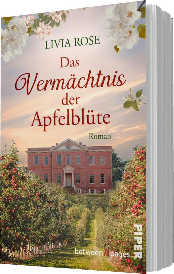 Das Buchcover zeigt ein romantisches Anwesen im Hintergrund, umgeben von blühenden Apfelbäumen. Der Himmel ist in sanften Pastellfarben gehalten, während weiße Apfelblüten und grüne Blätter den oberen Rand des Covers schmücken. Der Titel „Das Vermächtnis der Apfelblüte“ ist in eleganter, roter Schrift prominent platziert, während der Autorenname „Livia Rose“ darüber in einem dezenten, grünen Schriftzug steht. Unten wird das Wort „Roman“ in kleinerer Schrift angezeigt.