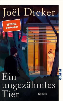 Ein ungezähmtes Tier Das Buchcover zeigt eine stilisierte Szene mit einem Mann, der einen Baum umrundet und auf ein modernes Gebäude mit großen Fenstern schaut. Durch die Fenster ist eine Frau in heller Kleidung zu sehen. Die Farbpalette umfasst warme Töne wie Orange und Lila, die eine abendliche Atmosphäre schaffen. Der Titel „Ein ungezähmtes Tier“ ist in weißer Schrift am unteren Rand des Covers platziert, während der Autor „Joël Dicker“ in goldener Schrift oben erscheint. Ein rotes Kästchen mit dem Hinweis „SPIEGEL Bestseller“ hebt sich ab.