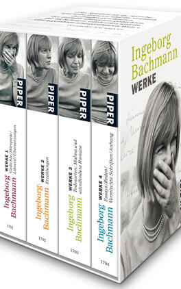 Werke Das Buchcover zeigt eine Buchbox mit den Werken von Ingeborg Bachmann. Jede Seite der Box trägt den Schriftzug „Ingeborg Bachmann“ in einer klaren Typografie, ergänzt durch die Bezeichnung „Werke“ in kräftigem Grün. Die Coverbilder zeigen eine Fotografie von Ingeborg Bachmann in Schwarz-Weiß, die eine nachdenkliche Ausdrucksform vermittelt. Die Box hat einen weißen Hintergrund mit einer Handschrift, die subtil in Grau angedeutet ist, und schafft eine literarische, nostalgische Atmosphäre.