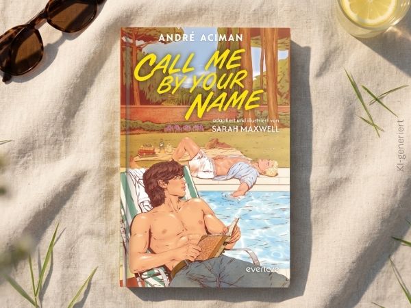 „Call me by your name“ liegt mittig auf einem hellen Tuch. Oben links liegt eine Sonnenbrillen, oben rechts steht ein Glas mit Zitronenscheibe. Gras und Schatten umgeben das Buch.