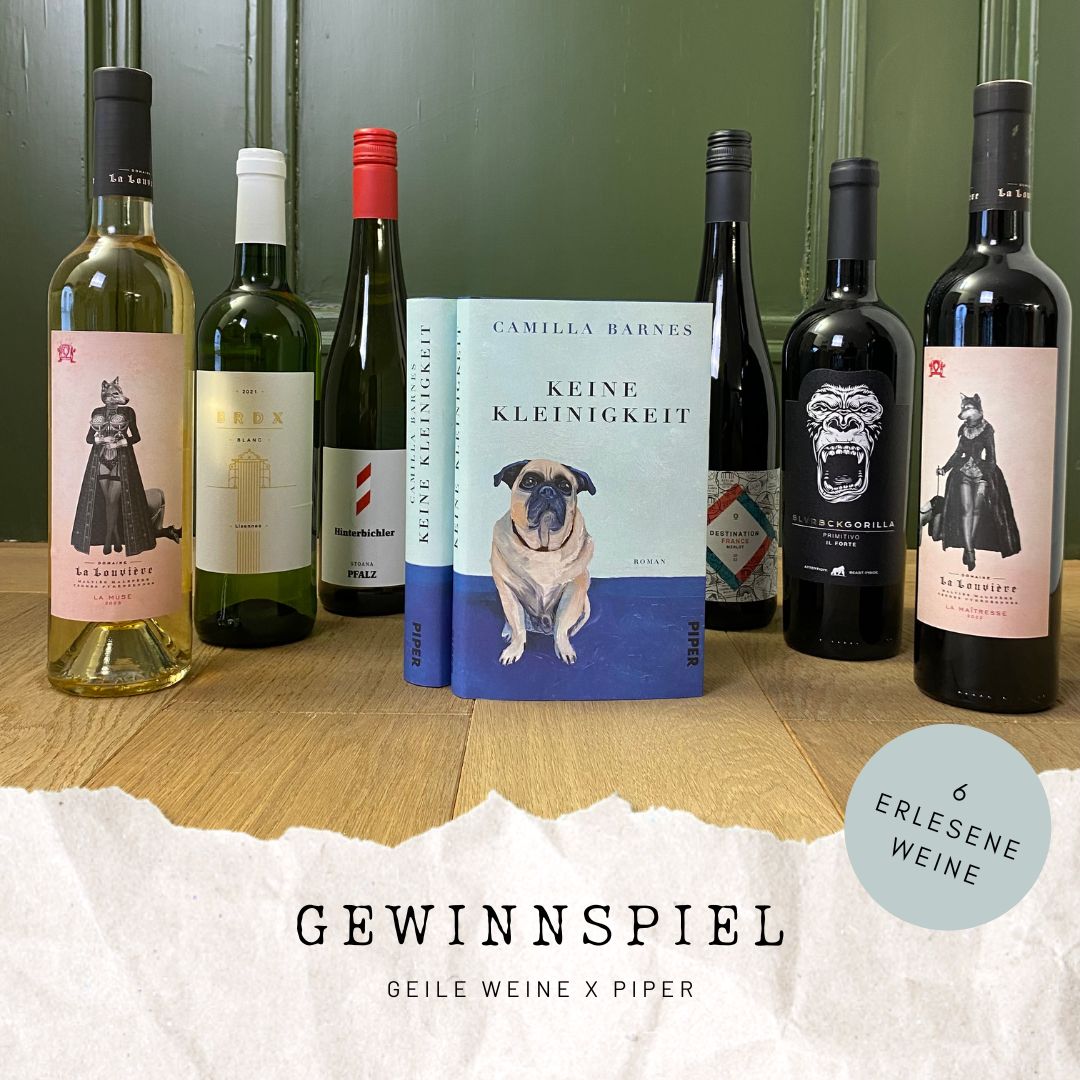 Ein Buch und sechs Weinflaschen stehen nebeneinander. Text: 'Gewinnspiel Geile Weine x Piper'